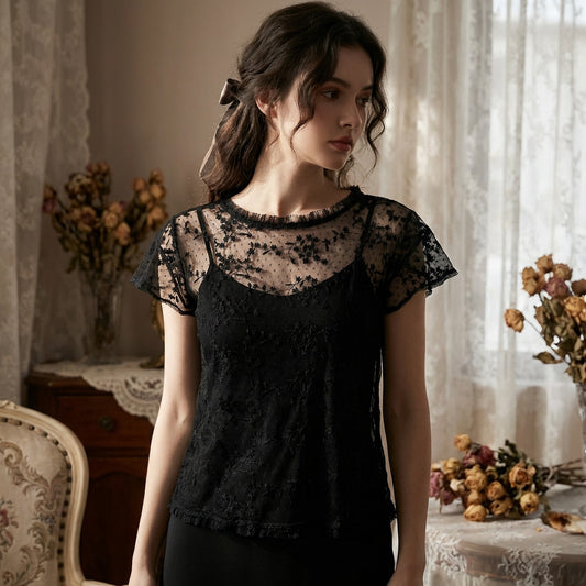 Black Embroidered Lace Mesh Top Small Coquette Soft Goth Romantic Sheer Floral