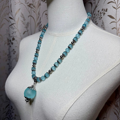 Vintage Frosted Blue Glass Orb Pendant Necklace 1990s Whimsigoth Boho Victorian