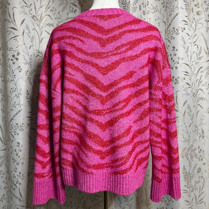 Nine West Red Pink Zebra Print Sweater Women L Dopamine Dressing Barbiecore Bold