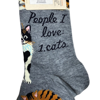 Blue Q "People I Love: Cats" Crew Socks NWT Gray Cotton Calico Tabby Kitten