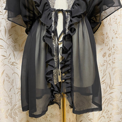 Victorias Secret Black Sheer Ruffle Lace Babydoll Robe S/M Kimono Coquette Goth