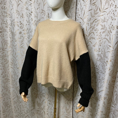 Lulus Nancie Colorblock Knit Sweater Small Camel Black Slouchy Cozy Neutral Soft