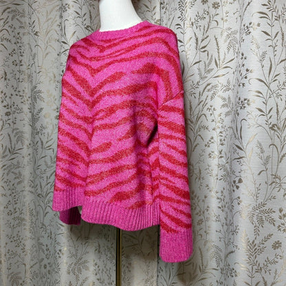Nine West Red Pink Zebra Print Sweater Women L Dopamine Dressing Barbiecore Bold