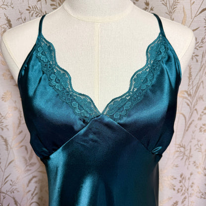 Alcea Rosea Lace Trim Satin Slip Dress Women M Green Romantic Coquette Boudoir