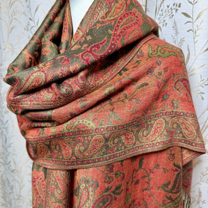 Paisley Pashmina Scarf Shawl Women OS Fringe Rust Olive Boho Autumnal Fairycore