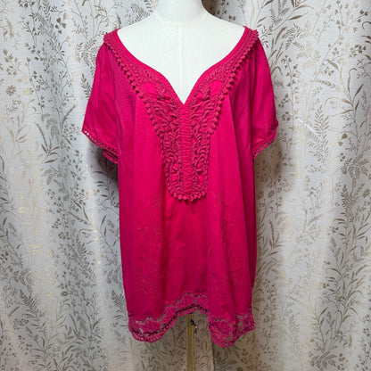 Motto Crochet V Neck Tunic Top Womens 3X Pink Boho Peasant Plus Size Festival