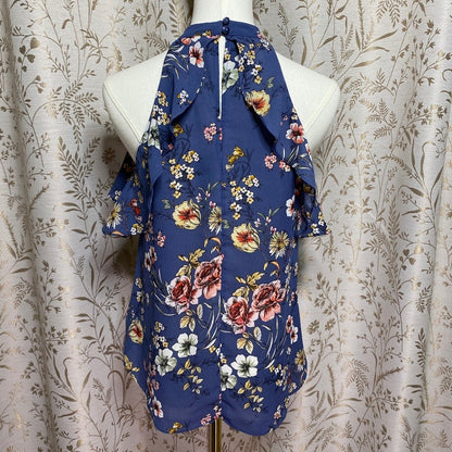 IZ BYER Blue Floral Ruffle Halter Top Small Keyhole Romantic Boho Cottagecore