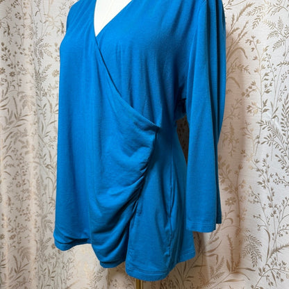 Soft Surroundings Wrap Drape Top Women 1X Teal Blue Faux Surplice Stretch Travel