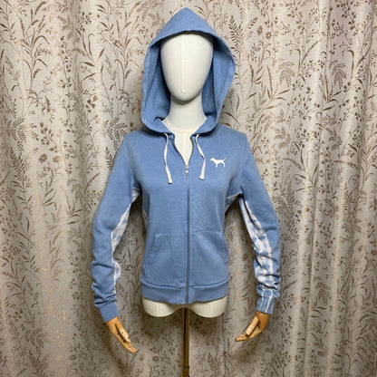 PINK Zip Up Hoodie XS Pastel Blue Tie Dye Stripe Y2K Streetwear Soft Girl Comfy