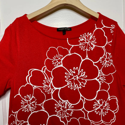 Always Indigo Red Floral Graphic Knit Top Large Snap Hem Comfy Dopamine Pop Art