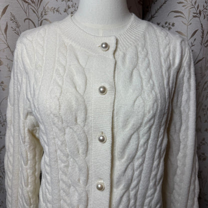 H&M Cable Knit Pearl Button Cardigan Sweater Womens S White Academia Coquette
