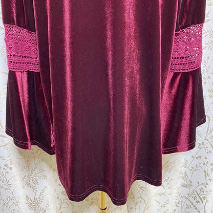 Velvet Burgundy Bell Sleeve Top XL Crochet Lace Boho Witchy Whimsigoth Retro