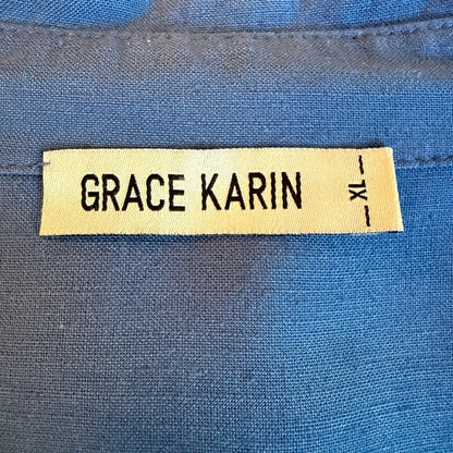 Grace Karin Tie Front Shirt Dress Women XL Blue Linen Blend Coastal Minimalist