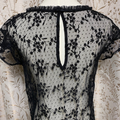 Black Embroidered Lace Mesh Top Small Coquette Soft Goth Romantic Sheer Floral