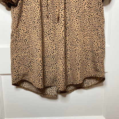 SHEIN Dalmation Print Flutter Blouse Tan Black Medium Keyhole Tie Office Siren
