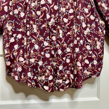 LC Lauren Conrad Floral Balloon Sleeve Blouse Womens L Boho Peasant Top Maroon