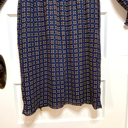 Max Studio Geometric Midi Dress Small Navy Blue Long Sleeve Boho Office Siren
