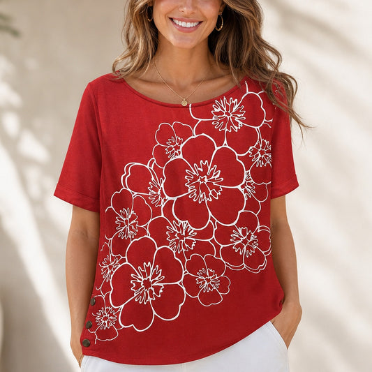 Always Indigo Red Floral Graphic Knit Top Large Snap Hem Comfy Dopamine Pop Art