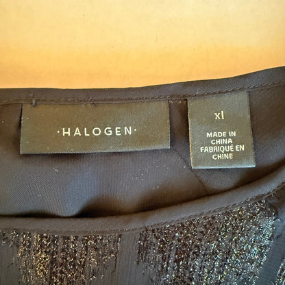 Halogen NWT Metallic Argyle Tie Cuff Blouse Women XL Black Whimsigoth Holiday