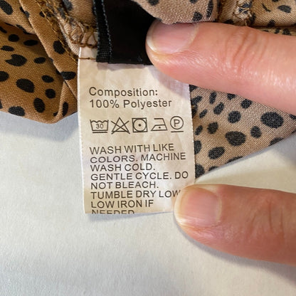 SHEIN Dalmation Print Flutter Blouse Tan Black Medium Keyhole Tie Office Siren