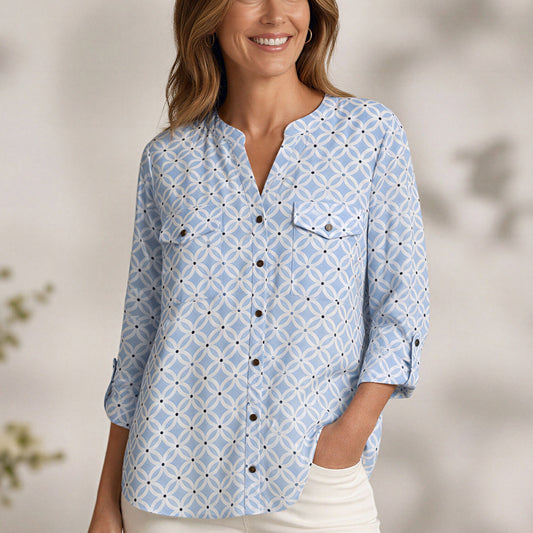 Notations Geometric Top Women XL Blue White Convertable Sleeve Office Corpcore