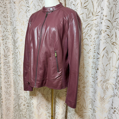 Kenneth Cole NY Faux Leather Moto Jacket Women XL Oxblood Mixed Media Biker Chic