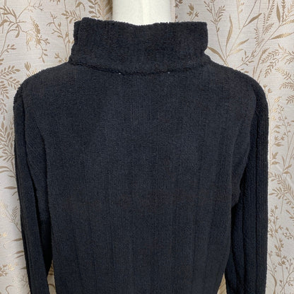 Black Cable Knit Mock Neck Sweater L Soft Fuzzy Textured Plush Pullover Cozycore