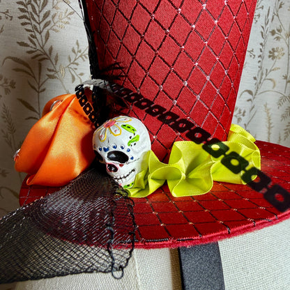 Day of the Dead Red Top Hat Headband Skull Feathers Ruffles Halloween Masquerade