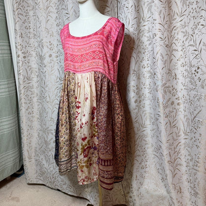 Kashi Vintage 100% Silk Patchwork Boho Midi Dress Womens L Pink Floral Festival
