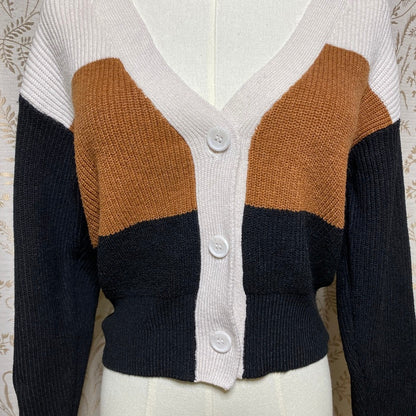 Lulus Colorblock Cardigan Knit Sweater XS Tan White Black V-Neck Button Neutrals