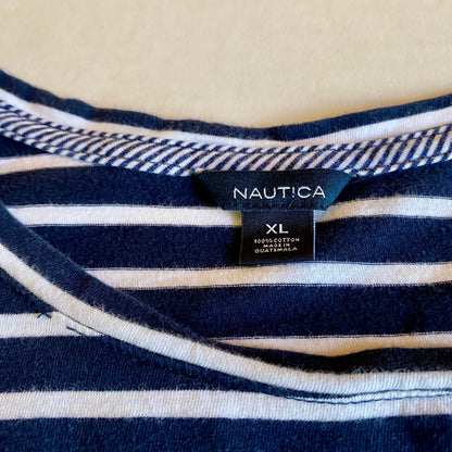 Nautica Blue White Striped Cold Shoulder Tie Tee XL Coastal Sailor Chic Nautical