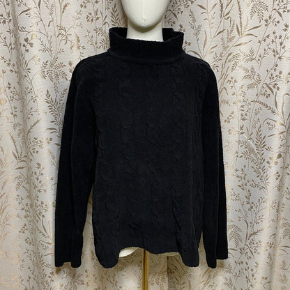 Black Cable Knit Mock Neck Sweater L Soft Fuzzy Textured Plush Pullover Cozycore