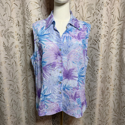 Shaver Lake Vintage Sleeveless Semi Sheer Blouse Women XL Y2K Tropical Sparkle