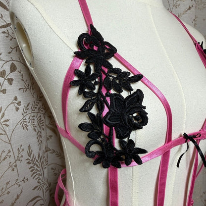 Fredericks of Hollywood Pink Cage Teddy Romper L/XL Coquette Boudoir Romantic