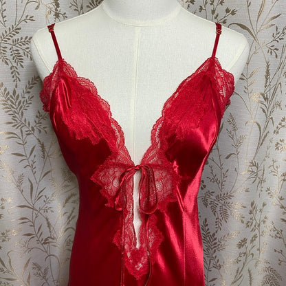 Victoria Secret Crimson Satin Lace Maxi Slip Dress Large Slit Sirencore Coquette