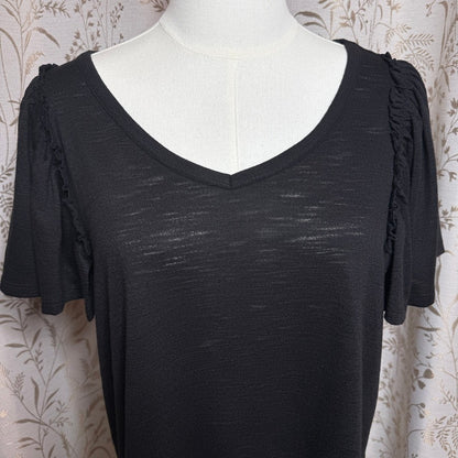 LC Lauren Conrad Flutter Sleeve Blouse Women L Black Minimalist Office Siren