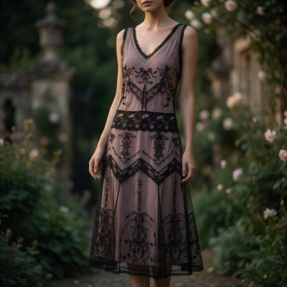 Newport News VTG Y2K Lace Mesh Flapper Dress 10 Black Pink Art Deco Gatsby 1920s