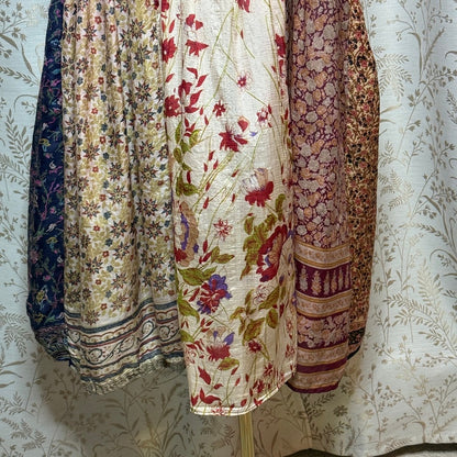 Kashi Vintage 100% Silk Patchwork Boho Midi Dress Womens L Pink Floral Festival