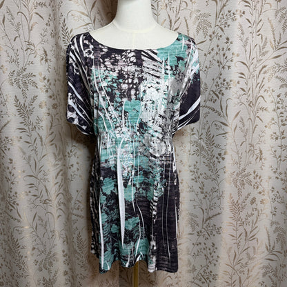 Style&Co Whimsigoth Tunic Blouse Women L Floral Silver Teal Flowy Boho Romantic