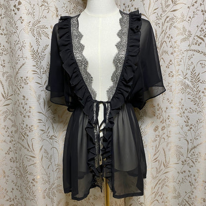 Victorias Secret Black Sheer Ruffle Lace Babydoll Robe S/M Kimono Coquette Goth