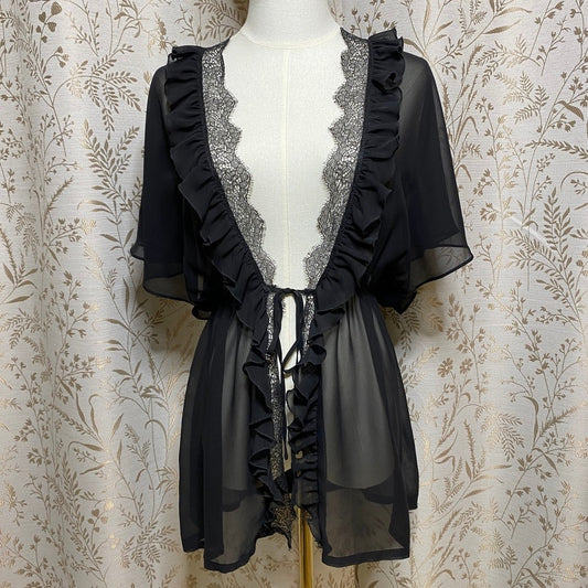 Victorias Secret Black Sheer Ruffle Lace Babydoll Robe S/M Kimono Coquette Goth