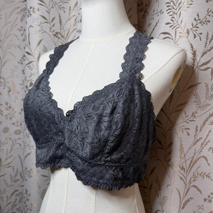 Felina Lace Bralette Racerback Wirefree Bra Gray XL Lounge Romantic Feminine