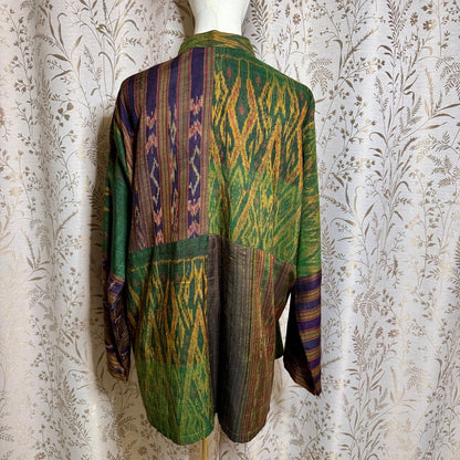 Boho Silk Ikat Jacket Women XL Patchwork Frog Closure Art to Wear Tang Suit