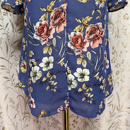IZ BYER Blue Floral Ruffle Halter Top Small Keyhole Romantic Boho Cottagecore