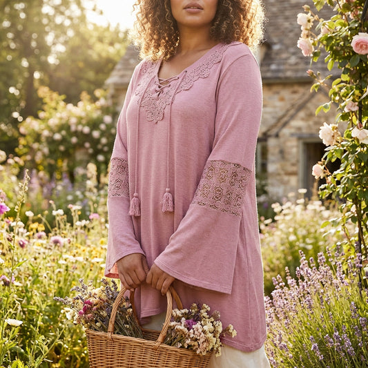 Paper + Tee Boho Crochet Bell Sleeve Tunic Top 2X Mauve Romantic Fairycore