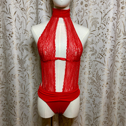 Fredericks of Hollywood Red Lace Sexy Halter Teddy M/L Coquette Pinup Baddie