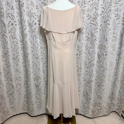 Liz Claiborne Beige Ruffle V-Neck Midi Dress Womens 16 Beaded Wedding Romantic