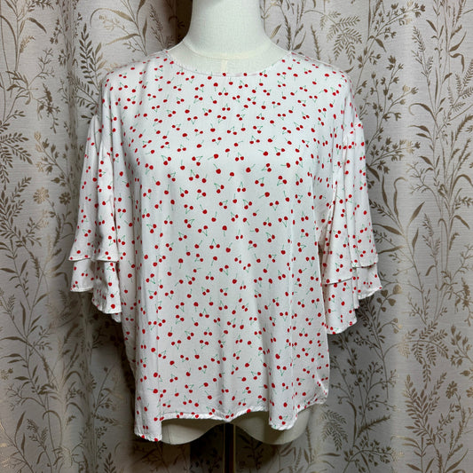 POPSUGAR Cherry Print Flutter Sleeve Blouse Women L Colettecore Retro Pinup