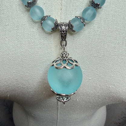 Vintage Frosted Blue Glass Orb Pendant Necklace 1990s Whimsigoth Boho Victorian