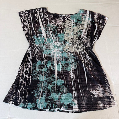 Style&Co Whimsigoth Tunic Blouse Women L Floral Silver Teal Flowy Boho Romantic